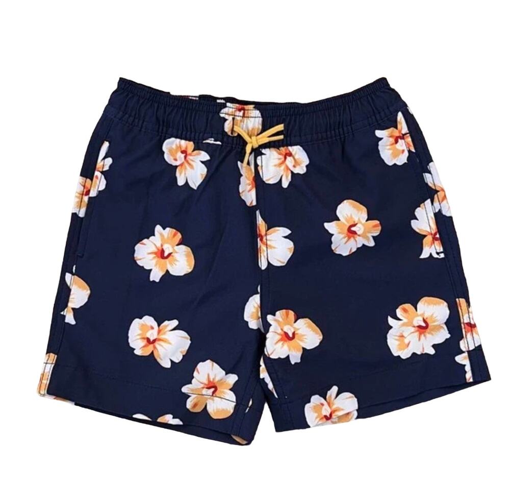 NWT J. Crew Boys' Navy W/ Gold & White Tropical Floral Swim Trunk